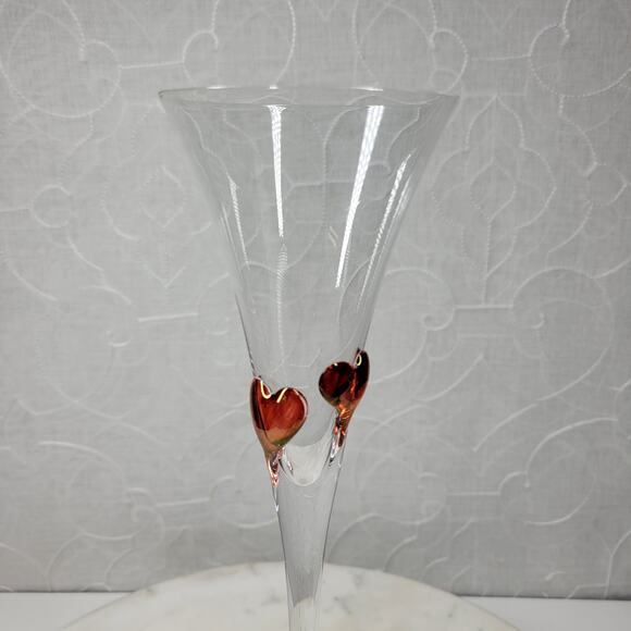 Heart Champagne Flutes 11.5" Red Bohemia Blown Glass Wedding Toast Set of 2 - Picture 2 of 16